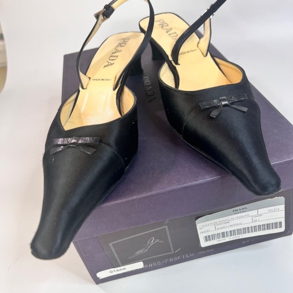 Prada Black Satin & Leather Kitten Heels | Size 37.5 | Worn Once | With Box - Picture 3 of 5